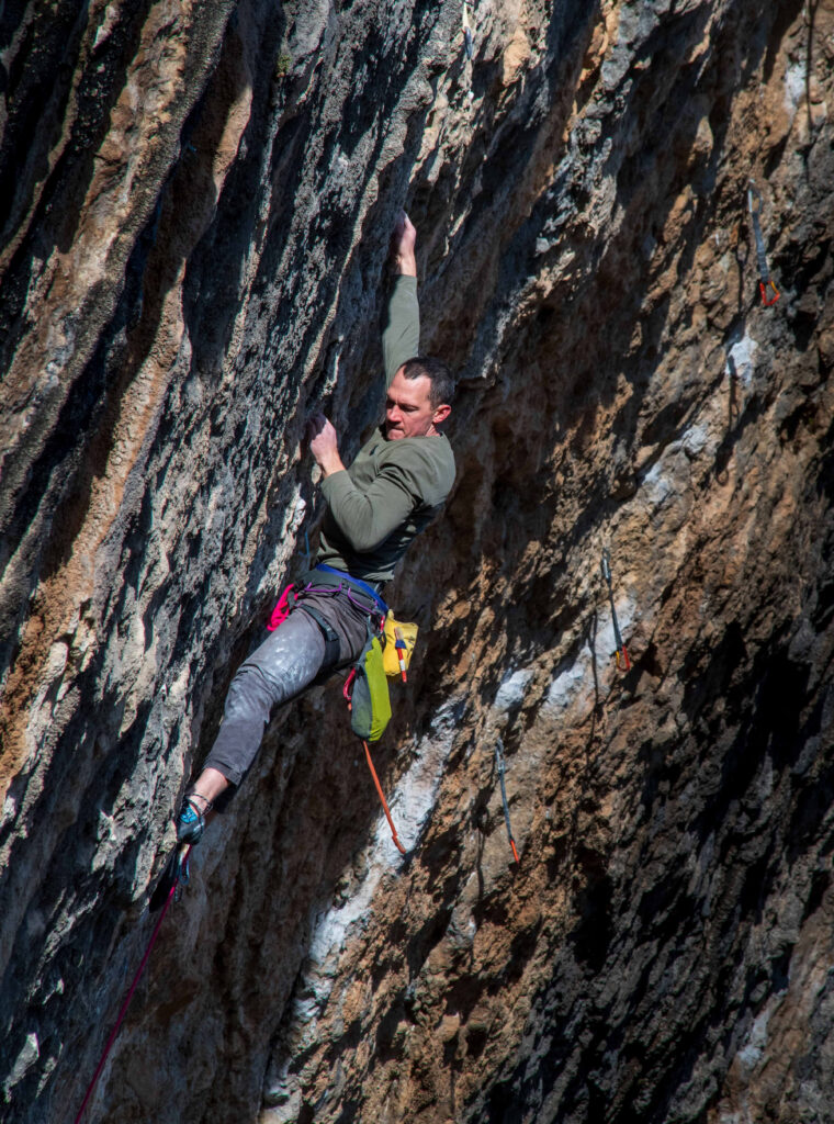 Angus climbing in Oliana, Catalonia.